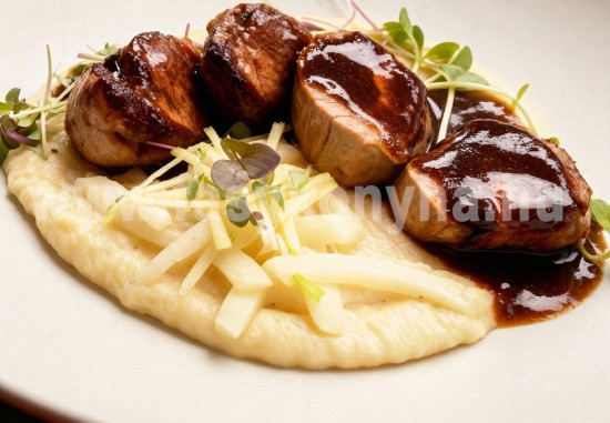 Őzgerincfilé áfonyalekvárral, burgonyapürével és párolt fehér retekkel