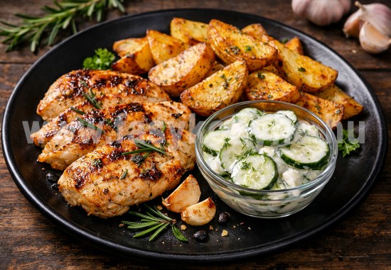 Rozmaringos fokhagymás grillezett csirkemell, sült burgonyával, uborkasalátával