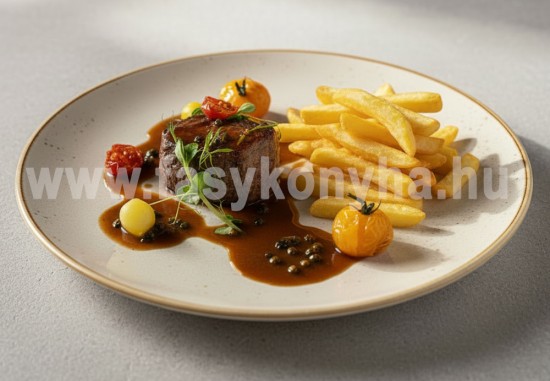 Bélszín médiumra sütve borsmártással, hasábburgonyával