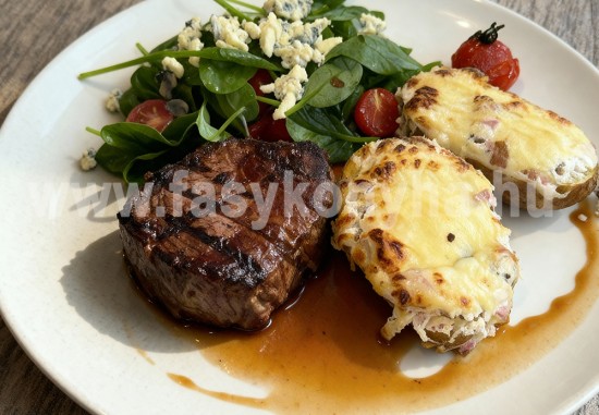 Konfitált marhapofa sajtos-tejfölös burgonyával, márványsajtos salátával